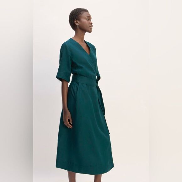 New Everlane The Wrap Dress in Linen in Dark Sea Size XS - Picture 1 of 12